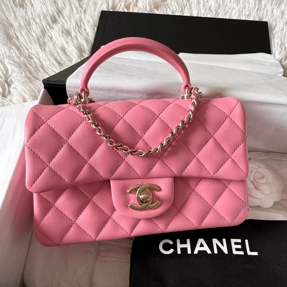 CHANEL 23P Mini Top Handle Pink Lambskin Classic Bag Gold Hardware NIB RARE